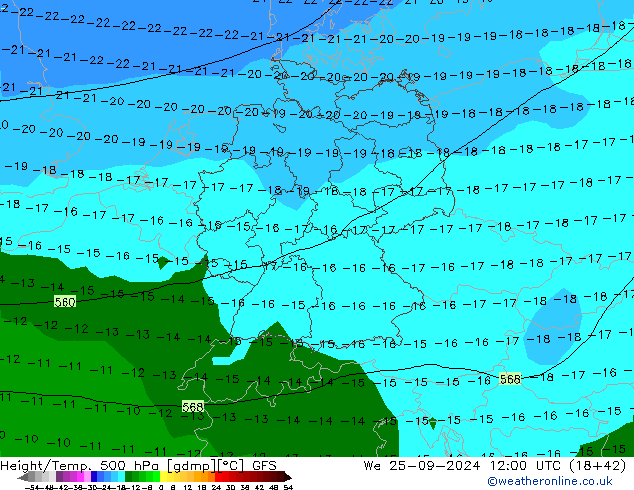 Hoogte/Temp. 500 hPa GFS wo 25.09.2024 12 UTC