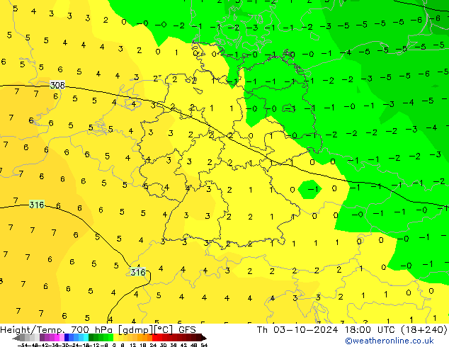 Height/Temp. 700 hPa GFS Qui 03.10.2024 18 UTC