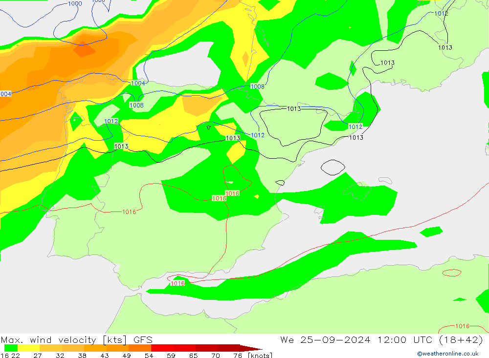 Max. wind velocity GFS mer 25.09.2024 12 UTC