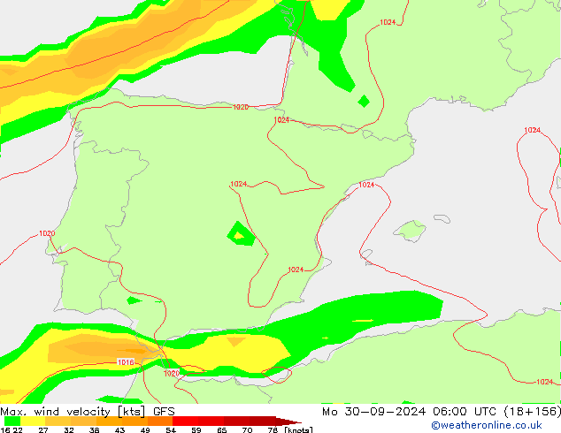 Max. wind velocity GFS pon. 30.09.2024 06 UTC