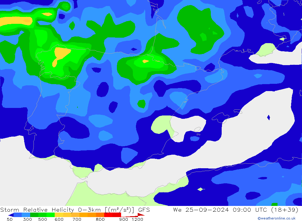 Storm Relative Helicity GFS Mi 25.09.2024 09 UTC