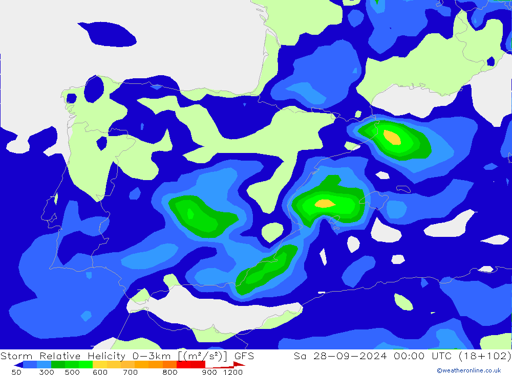 Storm Relative Helicity GFS Sa 28.09.2024 00 UTC