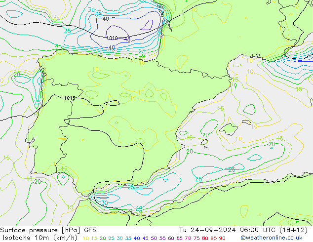 Isotachs (kph) GFS mar 24.09.2024 06 UTC