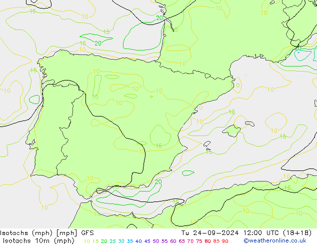 Izotacha (mph) GFS wto. 24.09.2024 12 UTC