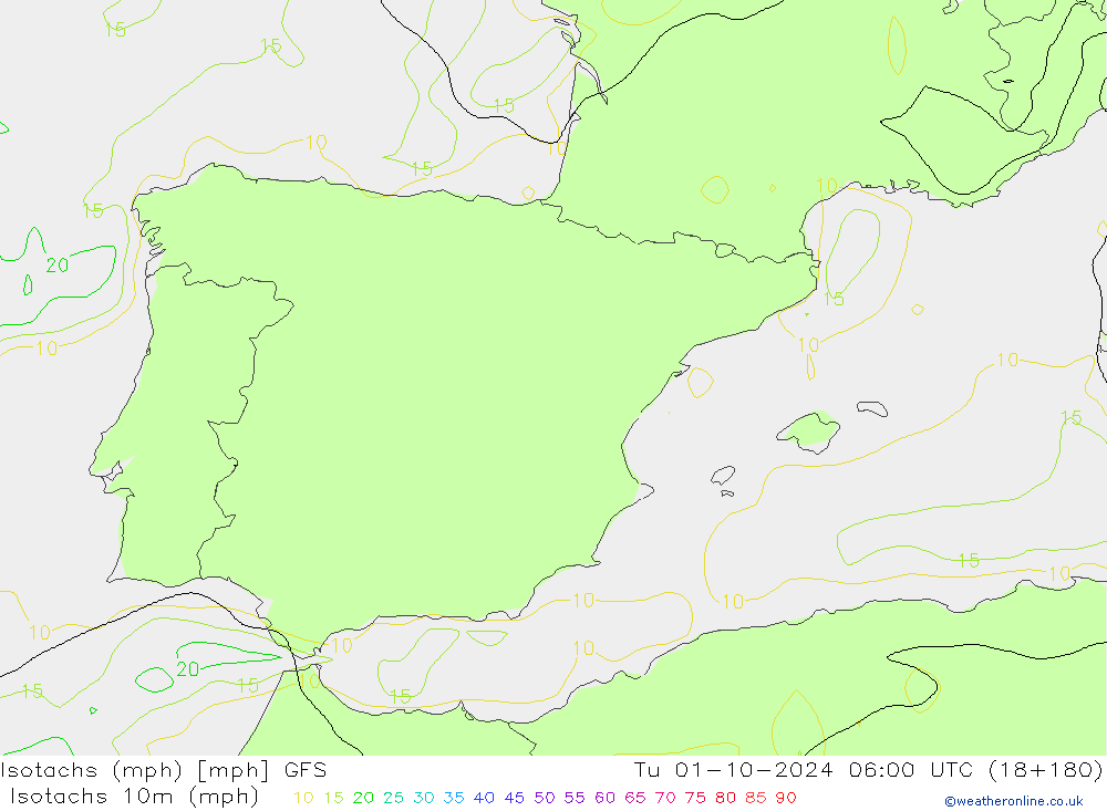 Isotachs (mph) GFS  01.10.2024 06 UTC