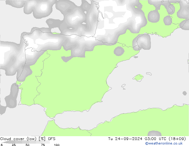 Cloud cover (low) GFS Tu 24.09.2024 03 UTC