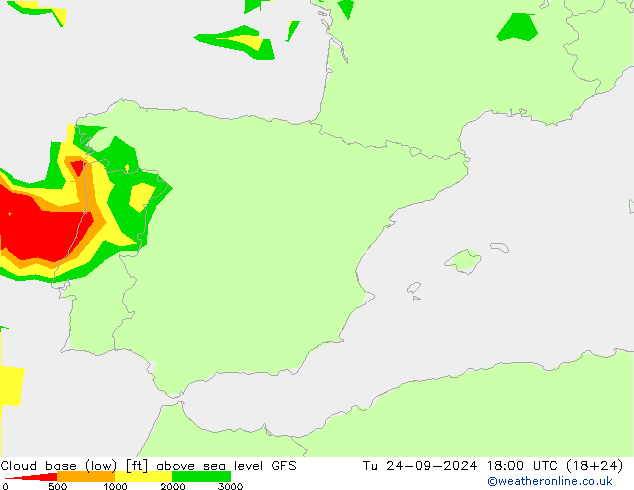 Cloud base (low) GFS Út 24.09.2024 18 UTC