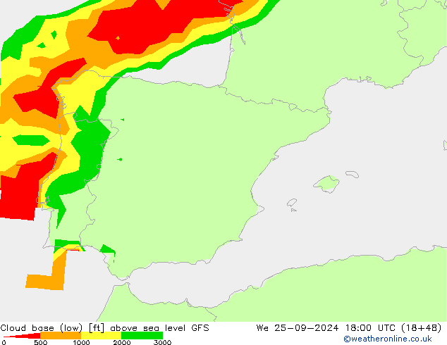 Cloud base (low) GFS mer 25.09.2024 18 UTC