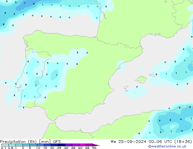 Précipitation (6h) GFS mer 25.09.2024 06 UTC