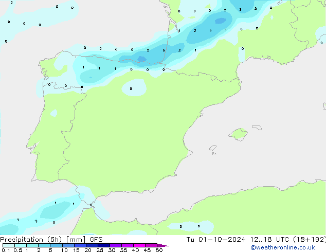 Precipitation (6h) GFS Tu 01.10.2024 18 UTC