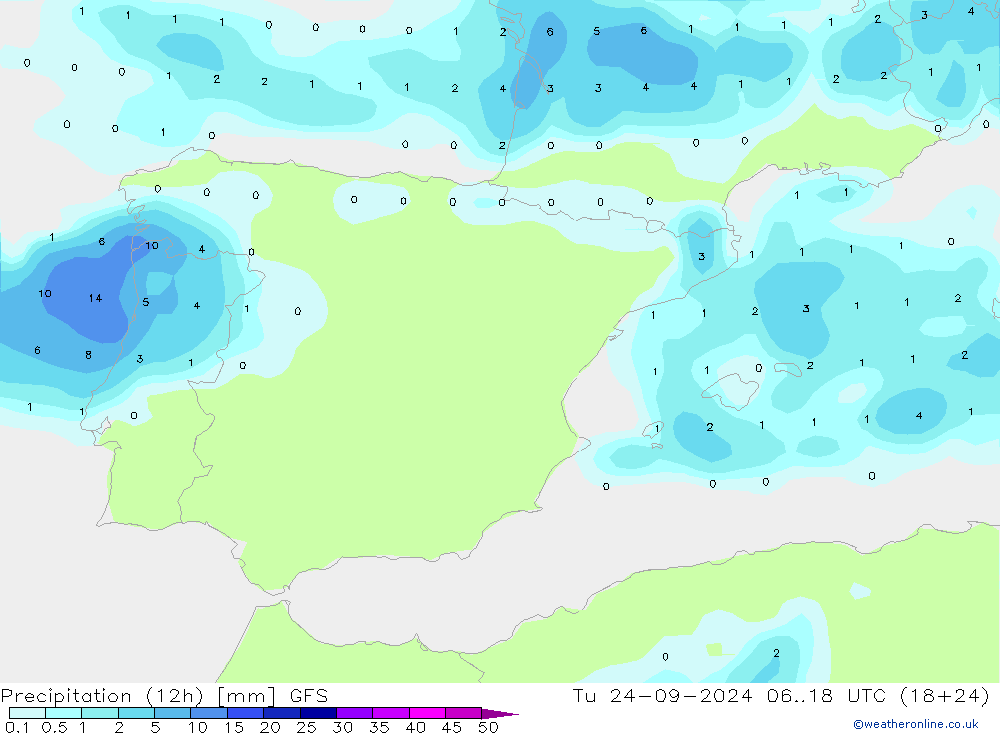 Totale neerslag (12h) GFS di 24.09.2024 18 UTC