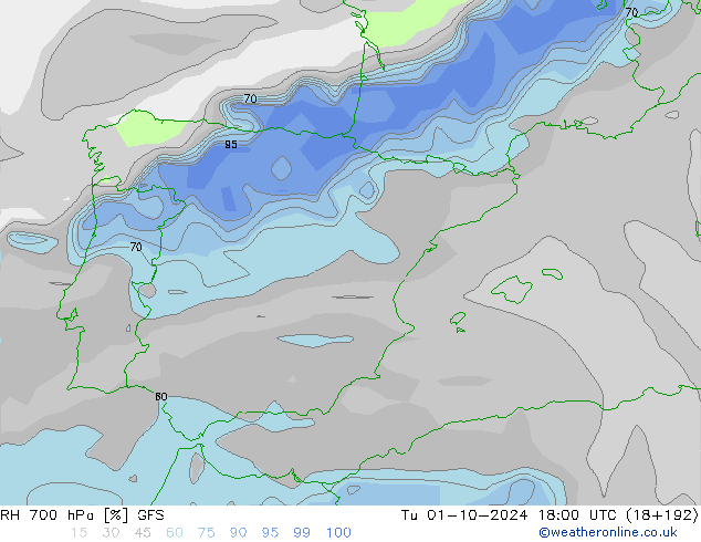 RH 700 hPa GFS wto. 01.10.2024 18 UTC