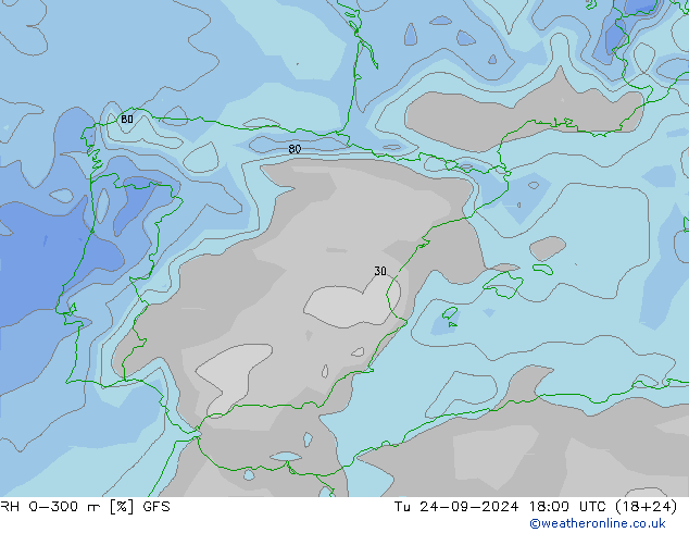 RH 0-300 m GFS Ter 24.09.2024 18 UTC