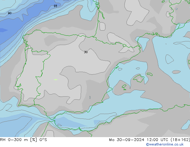 RH 0-300 m GFS pon. 30.09.2024 12 UTC