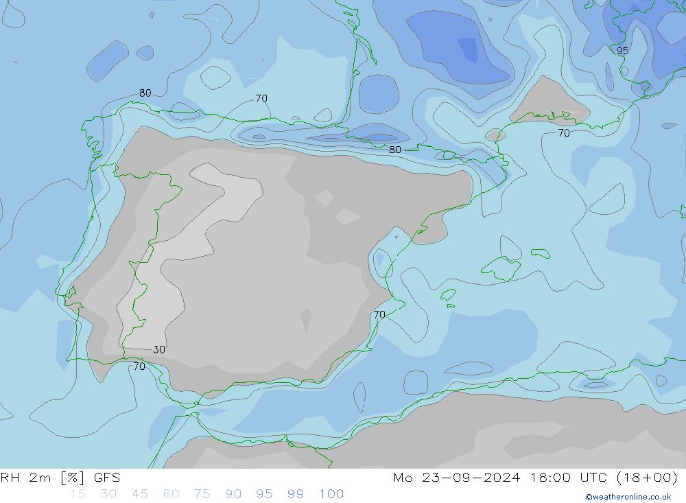 Humidité rel. 2m GFS lun 23.09.2024 18 UTC