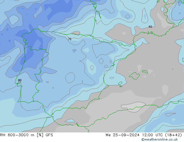 Humidité rel. 600-3000 m GFS mer 25.09.2024 12 UTC