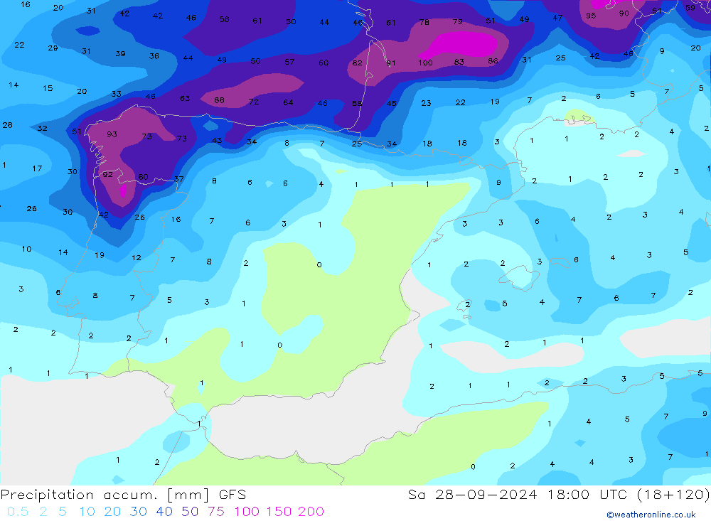 Precipitation accum. GFS Sa 28.09.2024 18 UTC