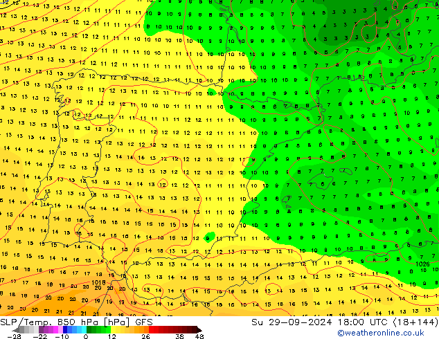 SLP/Temp. 850 hPa GFS dom 29.09.2024 18 UTC