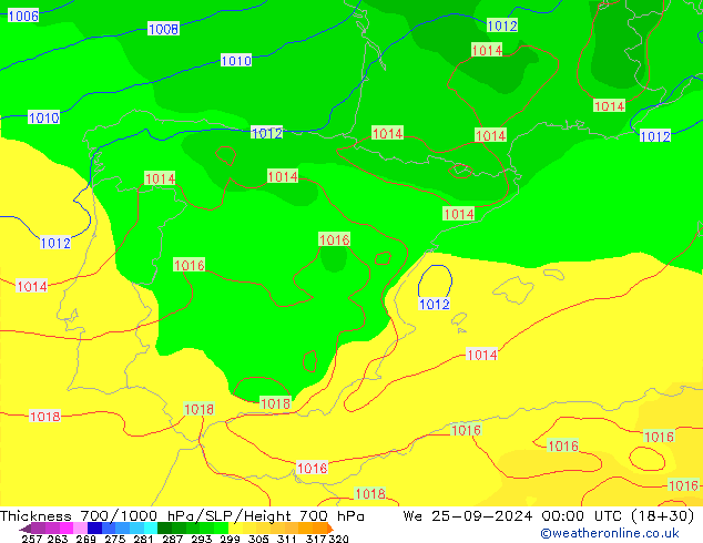 Thck 700-1000 hPa GFS śro. 25.09.2024 00 UTC