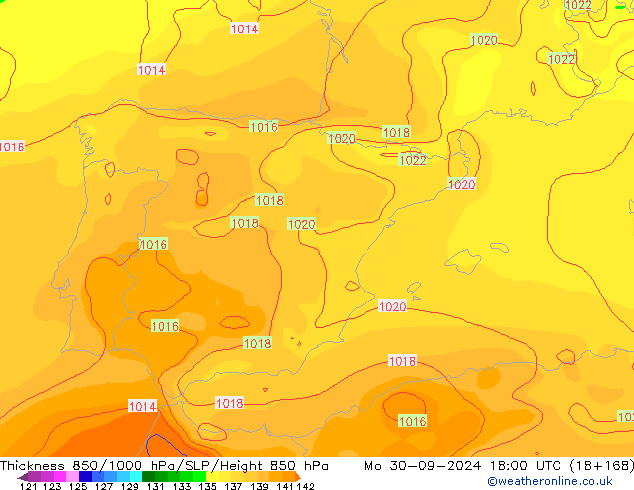 Thck 850-1000 hPa GFS lun 30.09.2024 18 UTC