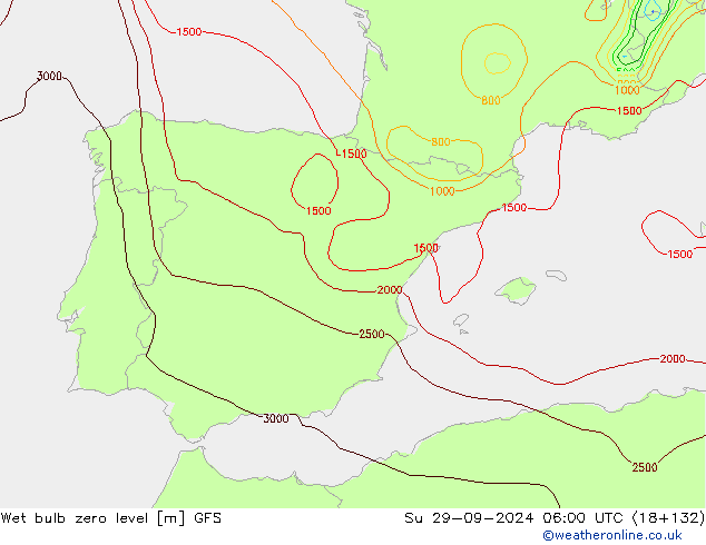 Wet bulb zero level GFS Вс 29.09.2024 06 UTC