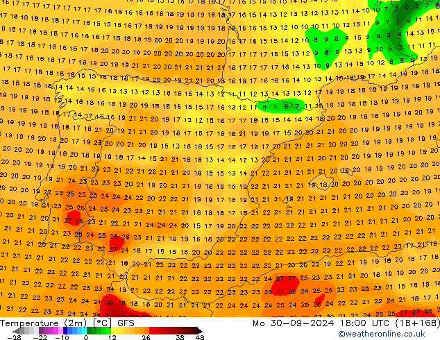 Temperature (2m) GFS Mo 30.09.2024 18 UTC