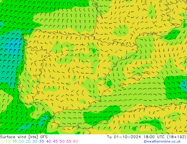 Surface wind GFS Tu 01.10.2024 18 UTC