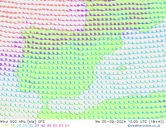 Vento 500 hPa GFS mer 25.09.2024 12 UTC