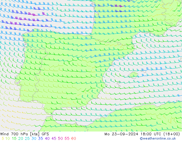 Viento 700 hPa GFS lun 23.09.2024 18 UTC