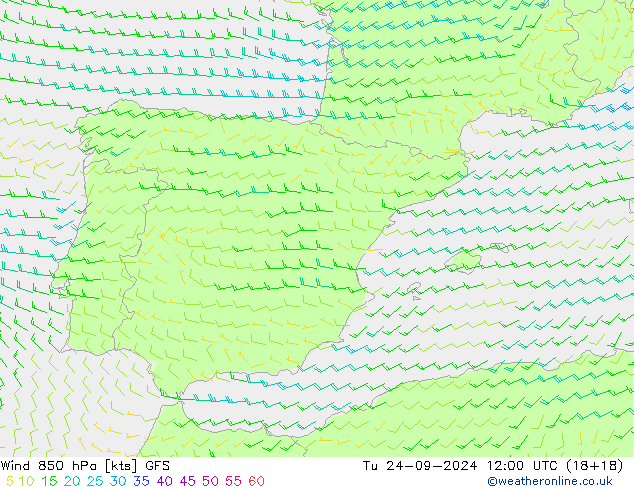 Wind 850 hPa GFS Tu 24.09.2024 12 UTC