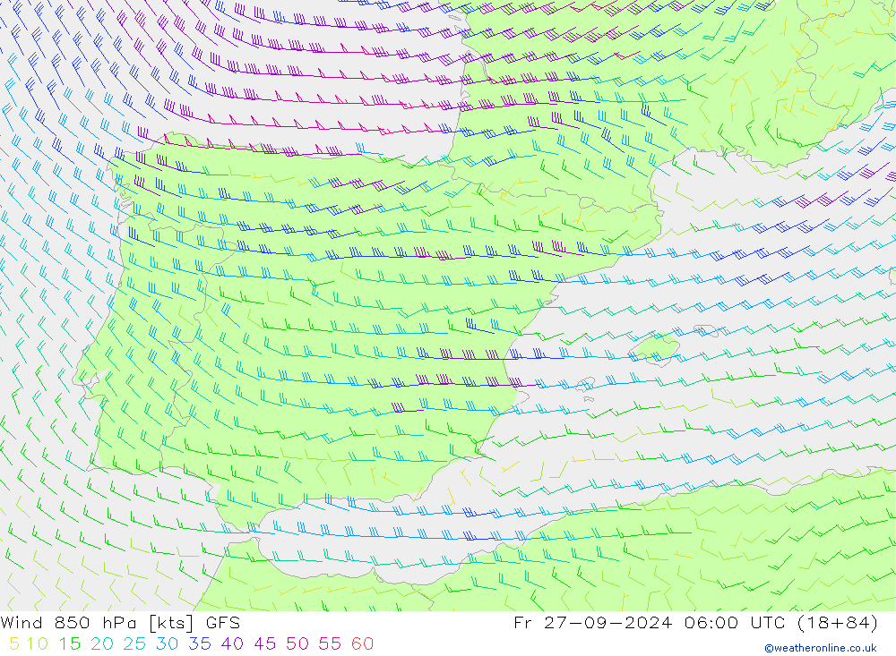 ветер 850 гПа GFS пт 27.09.2024 06 UTC