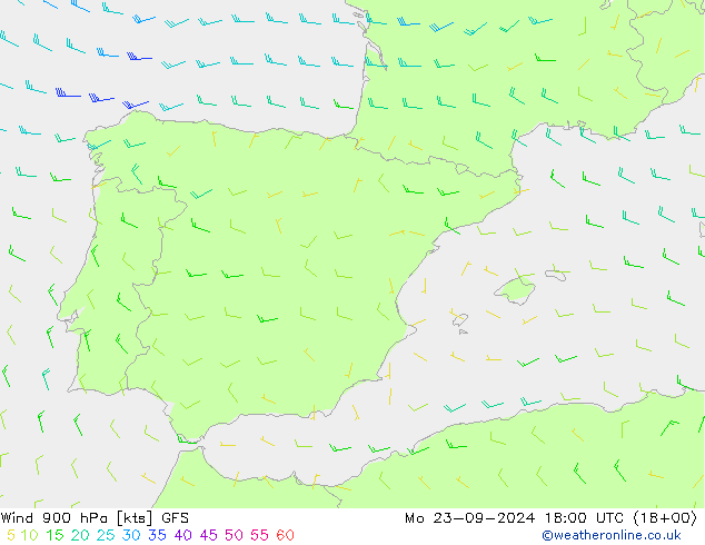 ветер 900 гПа GFS пн 23.09.2024 18 UTC