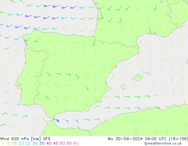 Vento 900 hPa GFS lun 30.09.2024 06 UTC