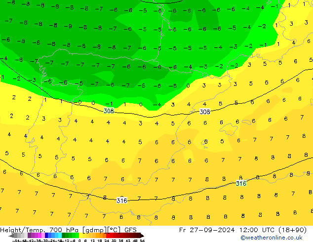 Height/Temp. 700 hPa GFS Fr 27.09.2024 12 UTC