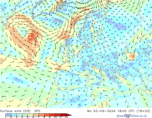 Wind 10 m (bft) GFS ma 23.09.2024 18 UTC