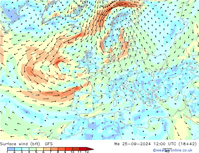 Vent 10 m (bft) GFS mer 25.09.2024 12 UTC