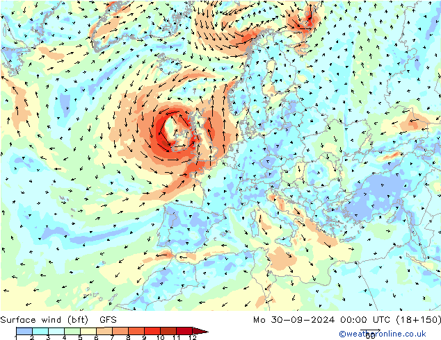 Rüzgar 10 m (bft) GFS Pzt 30.09.2024 00 UTC