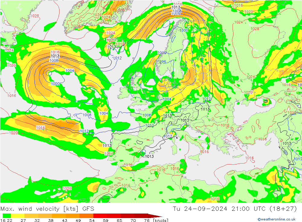 Maks. Rüzgar Hızı GFS Sa 24.09.2024 21 UTC