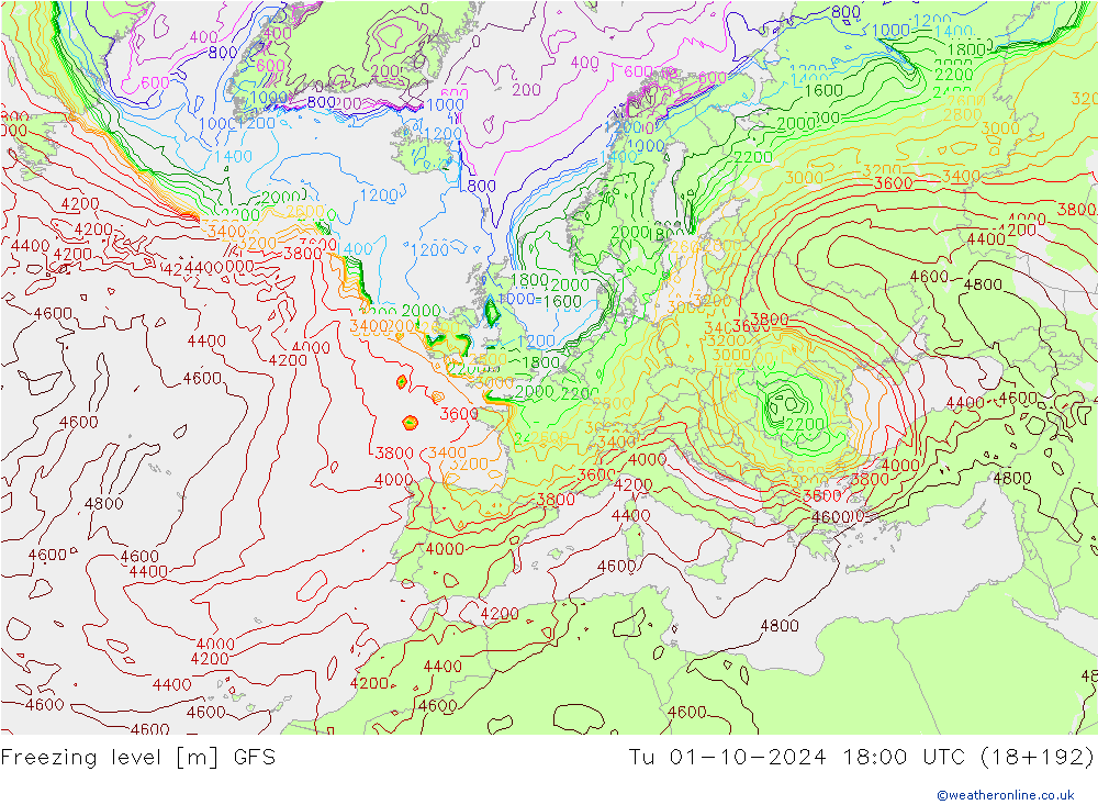 Freezing level GFS вт 01.10.2024 18 UTC