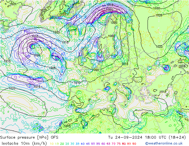 Isotachs (kph) GFS mar 24.09.2024 18 UTC