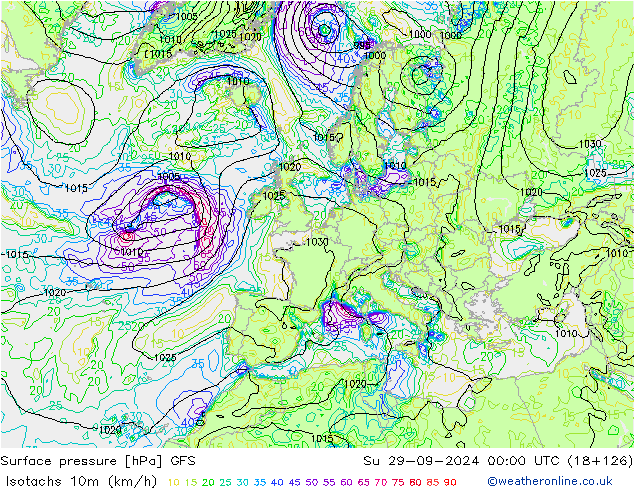 Isotachs (kph) GFS dom 29.09.2024 00 UTC