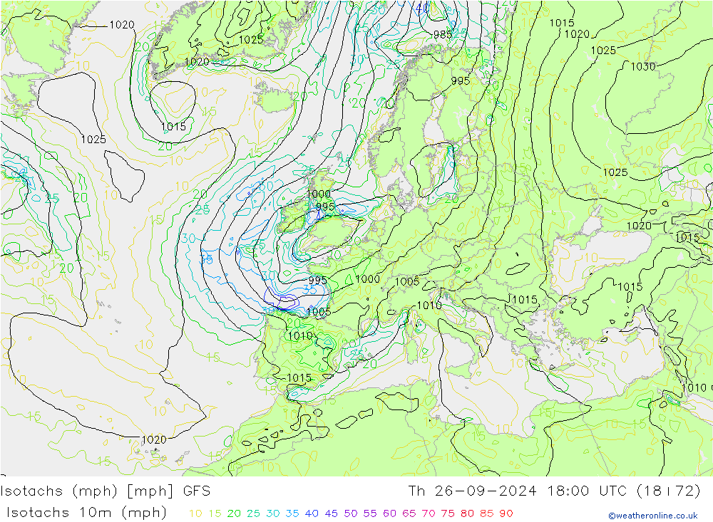 Isotachs (mph) GFS Th 26.09.2024 18 UTC