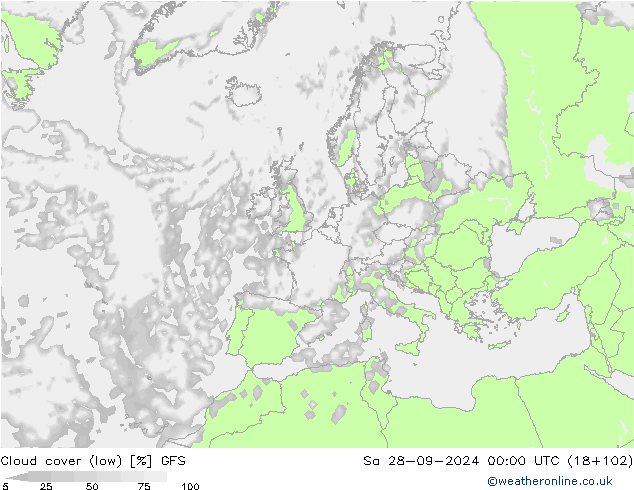 zachmurzenie (niskie) GFS so. 28.09.2024 00 UTC