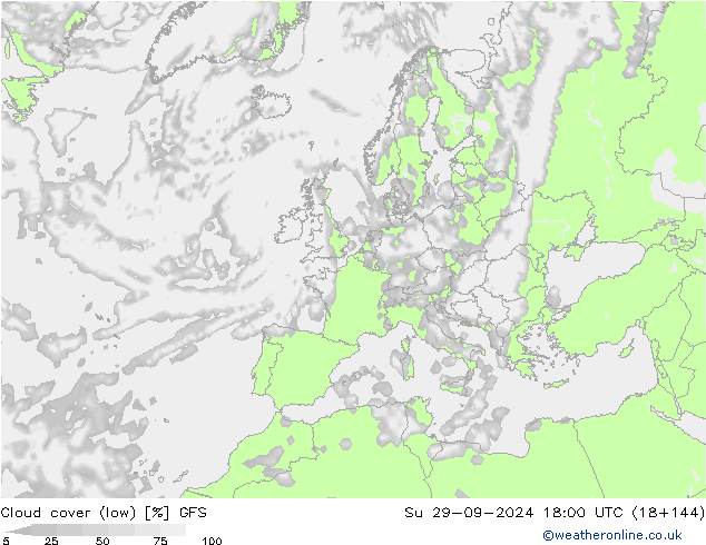 Cloud cover (low) GFS Su 29.09.2024 18 UTC