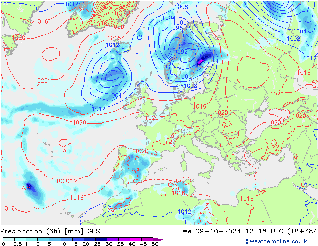 Totale neerslag (6h) GFS wo 09.10.2024 18 UTC