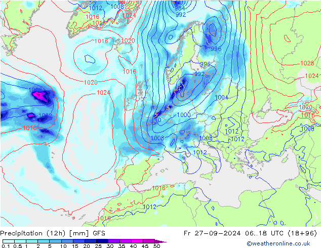 Precipitación (12h) GFS vie 27.09.2024 18 UTC