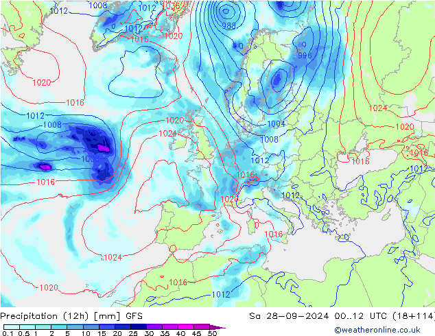 осадки (12h) GFS сб 28.09.2024 12 UTC