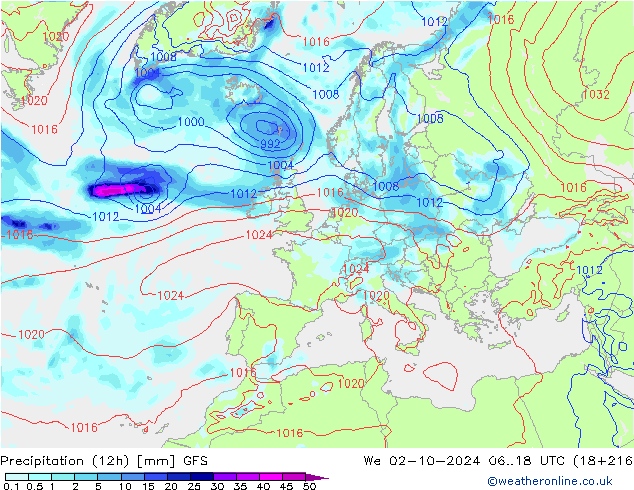 Totale neerslag (12h) GFS wo 02.10.2024 18 UTC