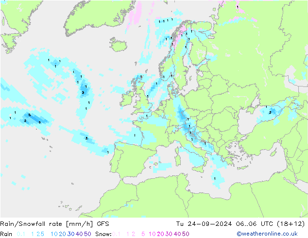 Rain/Snowfall rate GFS Tu 24.09.2024 06 UTC