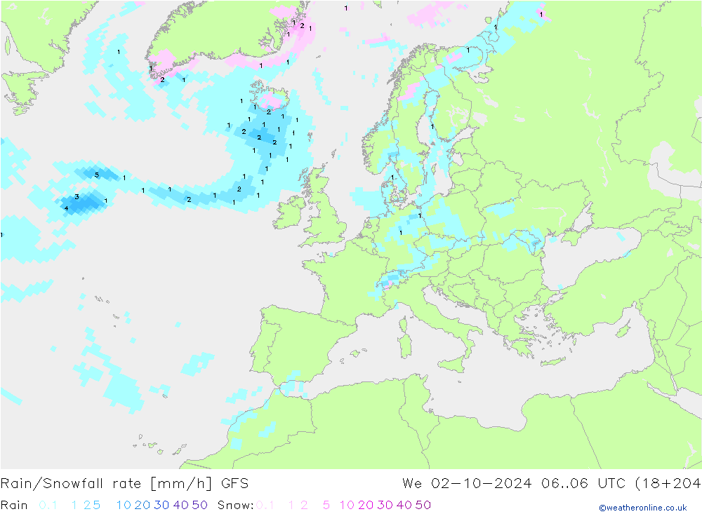 Rain/Snowfall rate GFS Qua 02.10.2024 06 UTC